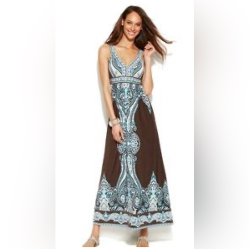 INC Brown/Aqua Maxi Dress with built-I’m bra cups